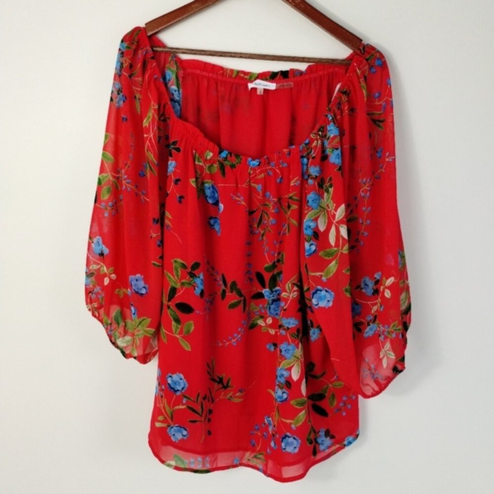 Calvin Klein Top Womens Size 1X Red Floral Lightweight Flowy Relaxed Casual